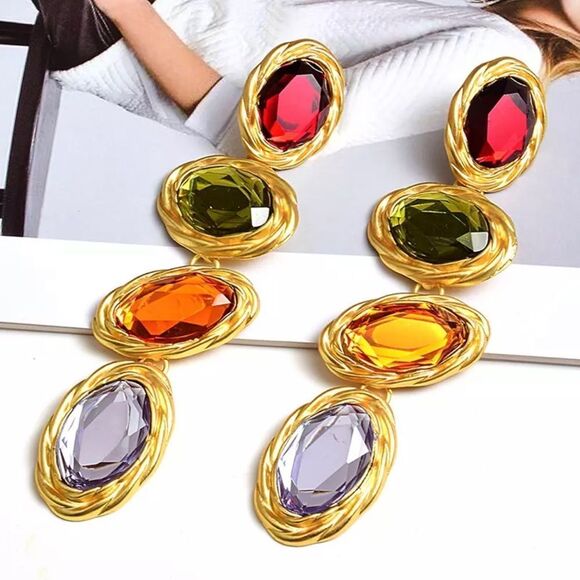 Colorful Rhinestone Long Drop Earrings Statement - Picture 1 of 5